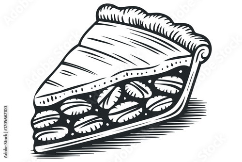 Pecan pie slice with flaky crust on transparent background. Vector hand drawn illustration