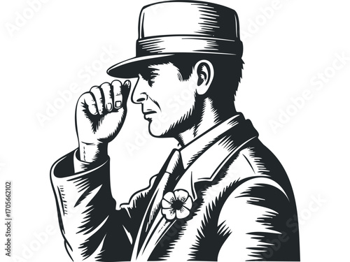 Man in Fedora Hat Tipping Brim. Vector hand drawn illustration