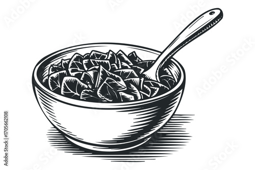 Engraved bowl of chopped vegetables with spoon. Vector hand drawn illustration