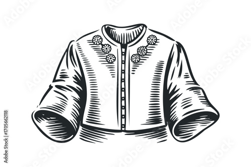 Ornate vintage jacket with floral details on transparent background. Vector hand drawn illustration