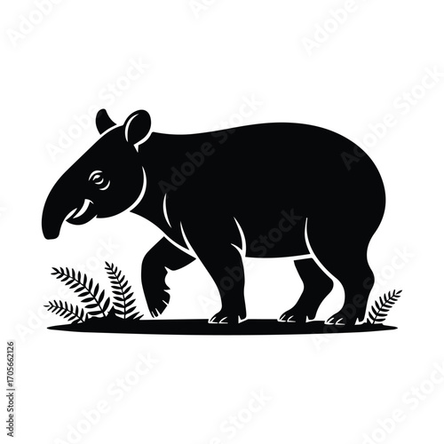 Elegant black and white tapir silhouette illustration on a neutral background with ferns