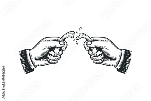 Two hands pulling a wishbone with water splashing. Vector hand drawn illustration
