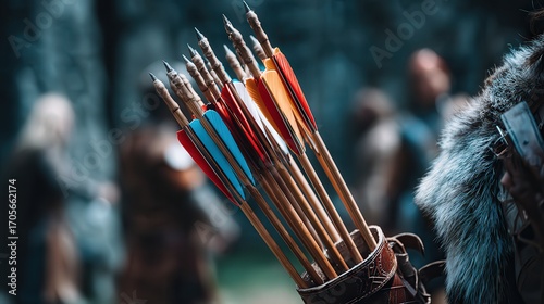 A close-up of an archer's quiver filled with colorful arrows, set against a blurred outdoor scene of medieval characters, Ideal for themes of archery, fantasy, adventure, or historical reenactment,