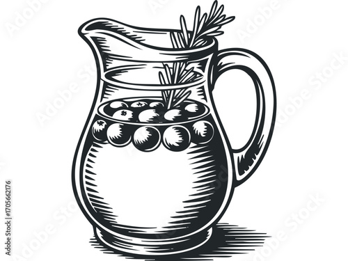 Pitched pitcher of berries and herbs on transparent background. Vector hand drawn illustration
