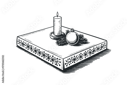 Christmas Ornament and Burning Candle with Pine Sprig on Decorated Surface. Vector hand drawn illustration