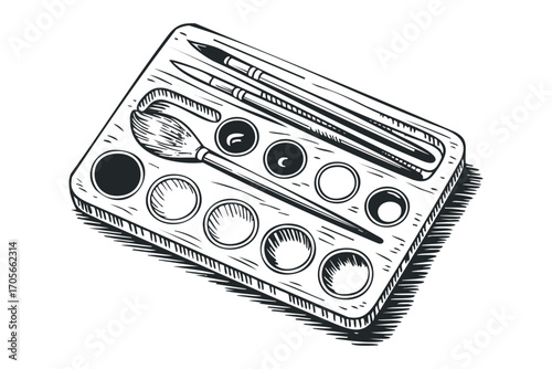 Watercolor paint palette with brushes and paint wells on transparent background. Vector hand drawn illustration