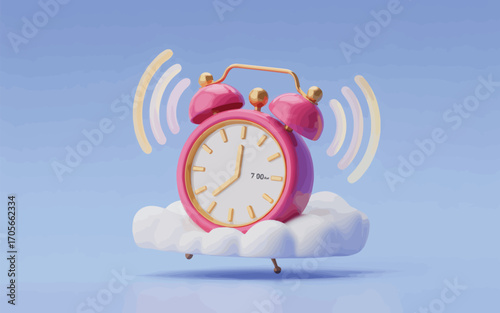 3D Rendered Pink Alarm Clock on Cloud Time Management Concept