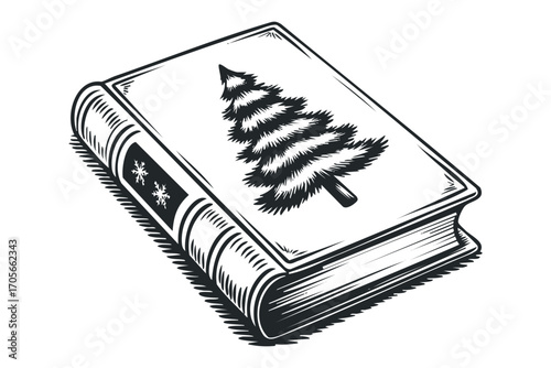 Vintage Book With Fir Tree and Snowflakes. Vector hand drawn illustration