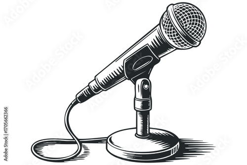 Vintage Microphone on Stand with Cable. Vector hand drawn illustration