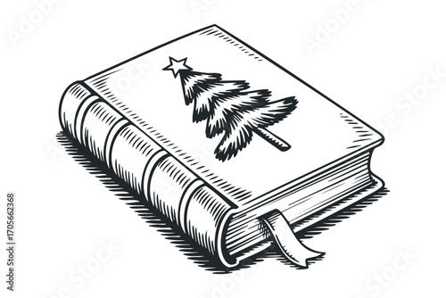 Sketch of a closed book with Christmas tree on cover and bookmark on transparent background. Vector hand drawn illustration