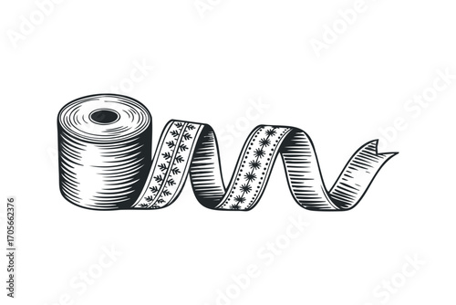Vintage spool of decorative ribbon with floral pattern. Vector hand drawn illustration
