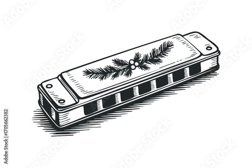 Sketch of harmonica with pine sprig on a white. Vector hand drawn illustration