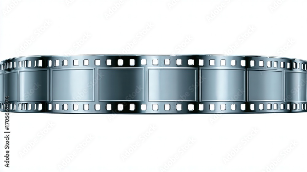 Obraz premium A film strip rolls across a white background, emphasizing its empty frames, This image can be utilized in projects related to filmmaking, photography, editing, or vintage art,
