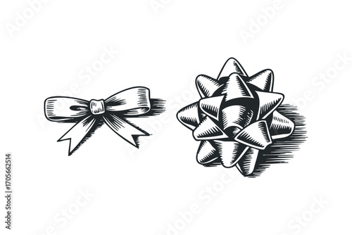 Hand drawn gift bow and ribbon graphic on transparent background. Vector hand drawn illustration