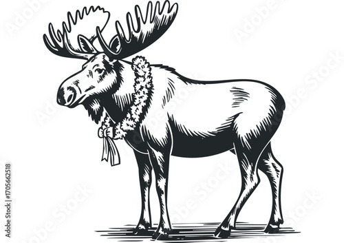 Pondering Moose with Floral Garland on Transparent Background. Vector hand drawn illustration