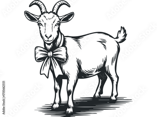 Posing goat with large ribbon on transparent background. Vector hand drawn illustration