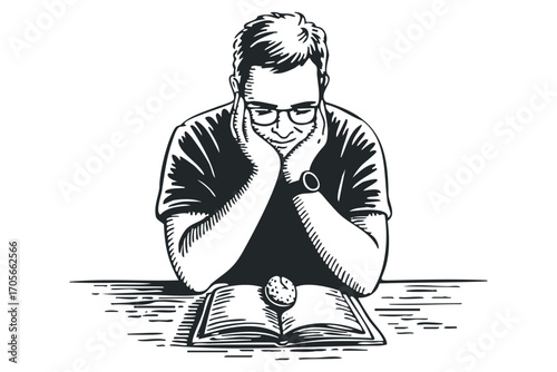 Man with glasses reading an open book with a clock on a transparent background. Vector hand drawn illustration