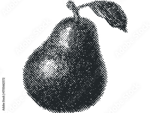 Halftone Pear Fruit with Stem and Leaf on Transparent Background. Vector hand drawn illustration