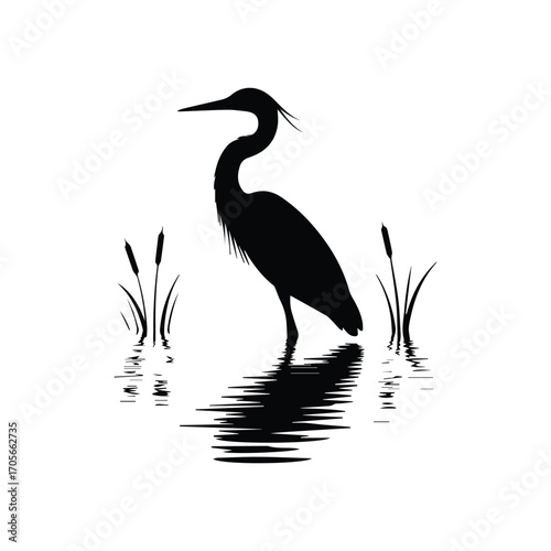 Elegant black heron silhouette standing gracefully in calm water graphic serenity concept