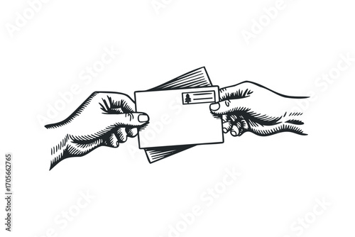 Two hands exchanging a letter and papers on a transparent background. Vector hand drawn illustration