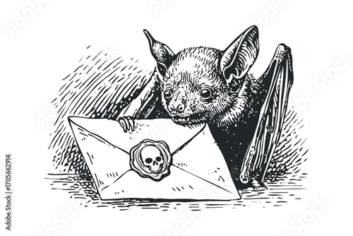 Whimsical Bat with Sealed Envelope. Vector hand drawn illustration
