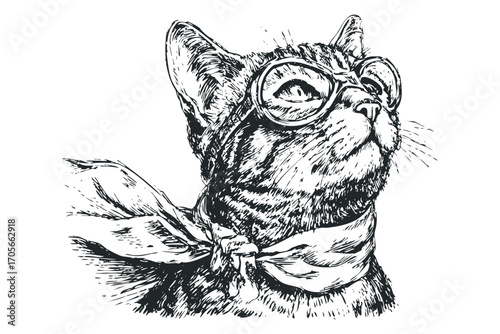 Ink drawn cat wearing goggles and scarf. Vector hand drawn illustration