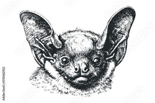 Detailed Sketch of a Bat With Large Ears on Transparent Background. Vector hand drawn illustration