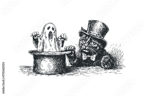 Cat in Top Hat Pulls Ghost from Magic Hat. Vector hand drawn illustration