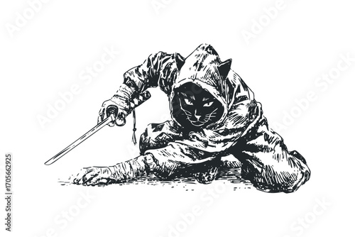 Feline ninja warrior with sword on transparent background, format. Vector hand drawn illustration