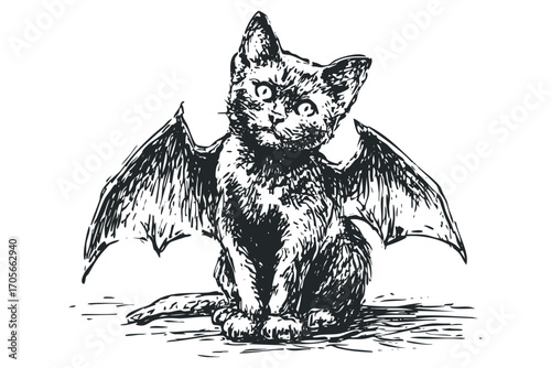 Pencil sketch of a young kitten with bat wings on transparent background. Vector hand drawn illustration