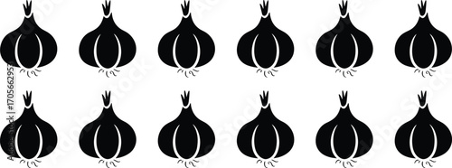 Vector black and white onion illustration, a must-have icon for vegetable, food, and cooking designs with a clean aesthetic.