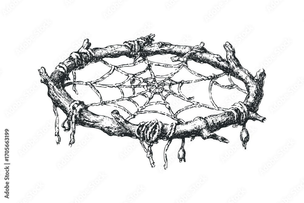 Obraz premium Hand drawn dreamcatcher amulet on transparent background. Vector hand drawn illustration