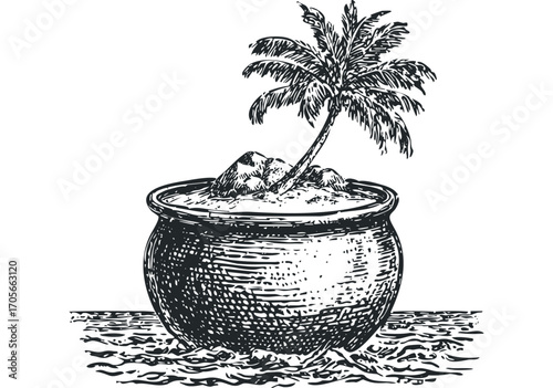 Tropical island in a pot on water. Vector hand drawn illustration