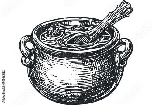 Sketch of an old-fashioned cauldron filled with liquid and a wooden spoon. Vector hand drawn illustration