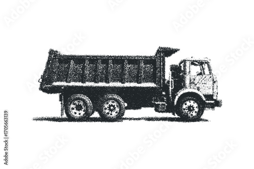 Heavy Duty Dump Truck Side View Stippled Art on Transparent. Vector hand drawn illustration