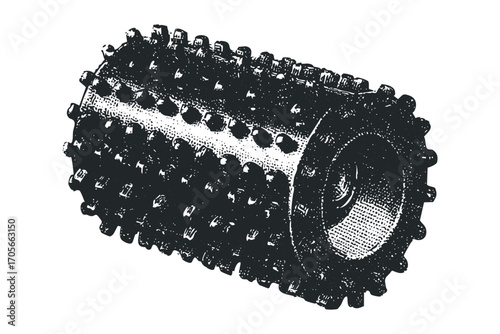 Industrial textured roller with spiked surface. Vector hand drawn illustration