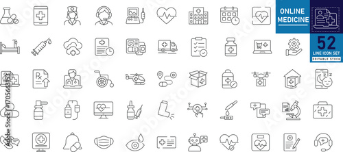 Online Medicine line icons set with editable stroke, featuring pharmacology, mobile health, medical call, nurse, advice, online health, doctor, hospital bed, and app. Thin linear vector illustration.