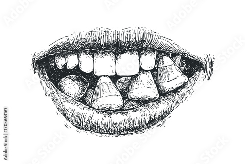 Close up of a mouth filled with candy corn,. Vector hand drawn illustration