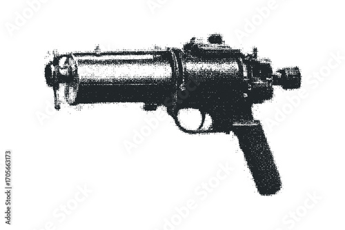 Black Handgun with Revolver Cylinder on Transparent Background. Vector hand drawn illustration