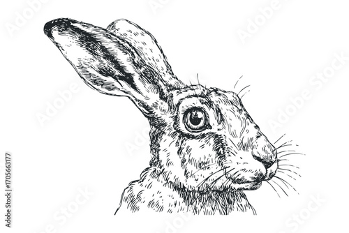Detailed Hare Head Sketch on Transparent. Vector hand drawn illustration