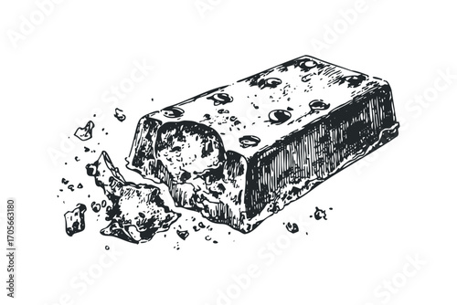 Hand drawn sketch of half eaten dark chocolate bar with nuts. Vector hand drawn illustration