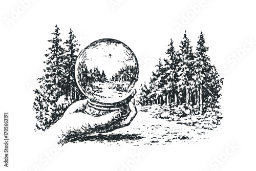 Hand holding crystal ball showing forest landscape, ink sketch on transparent background. Vector hand drawn illustration