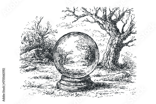 Mystical crystal ball on stand reflecting barren tree in outdoor scene. Vector hand drawn illustration
