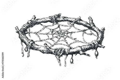 Hand drawn dreamcatcher amulet on transparent background. Vector hand drawn illustration