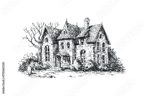 Pencil sketch of an old stone house with a tombstone and bare tree. Vector hand drawn illustration