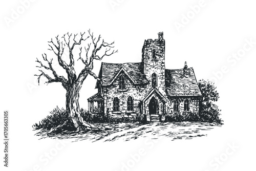 Stone church building with bare tree beside it on transparent background. Vector hand drawn illustration