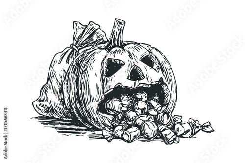 Spilled Halloween pumpkin with a sack full of candies,. Vector hand drawn illustration