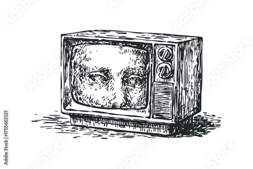 Pen drawing of a human face emerging from an old television screen on a transparent background. Vector hand drawn illustration
