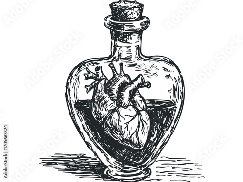 Heart in a Bottle Transparent Illustration. Vector hand drawn illustration