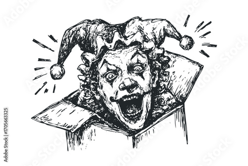 Scary clown face emerging from an open box on a transparent background. Vector hand drawn illustration